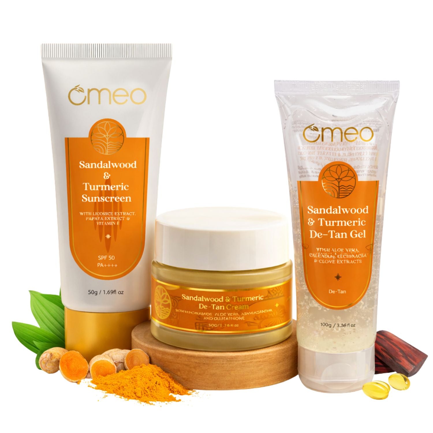 Omeo Sandalwood & Turmeric Complete De-Tan Cream 50g | Suscreen SPF 50g | De-Tan Get 100g Bundle (Pack of 3)