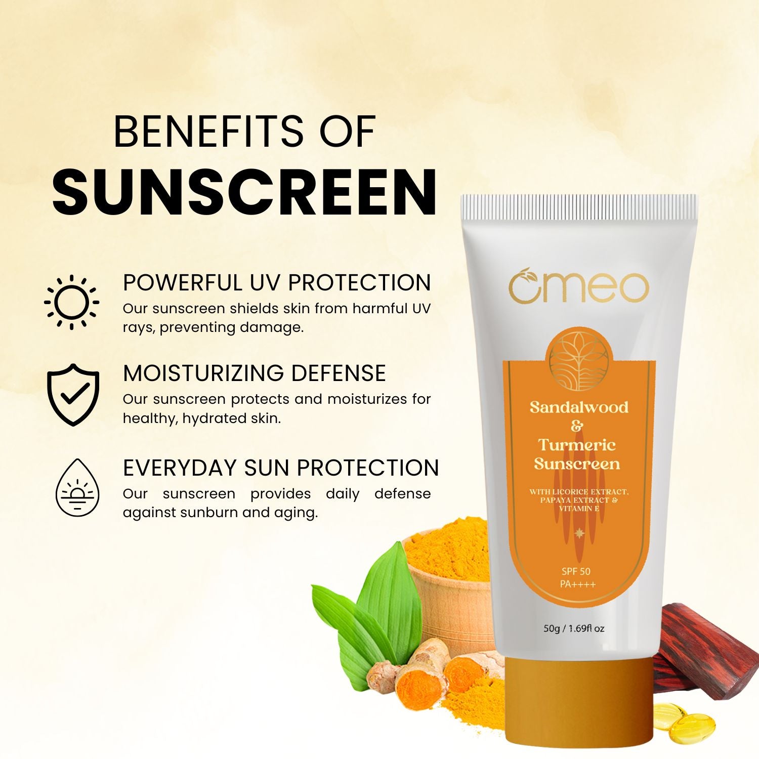 Omeo Sandalwood & Turmeric Complete De-Tan Cream 50g | Suscreen SPF 50g | De-Tan Get 100g Bundle (Pack of 3)
