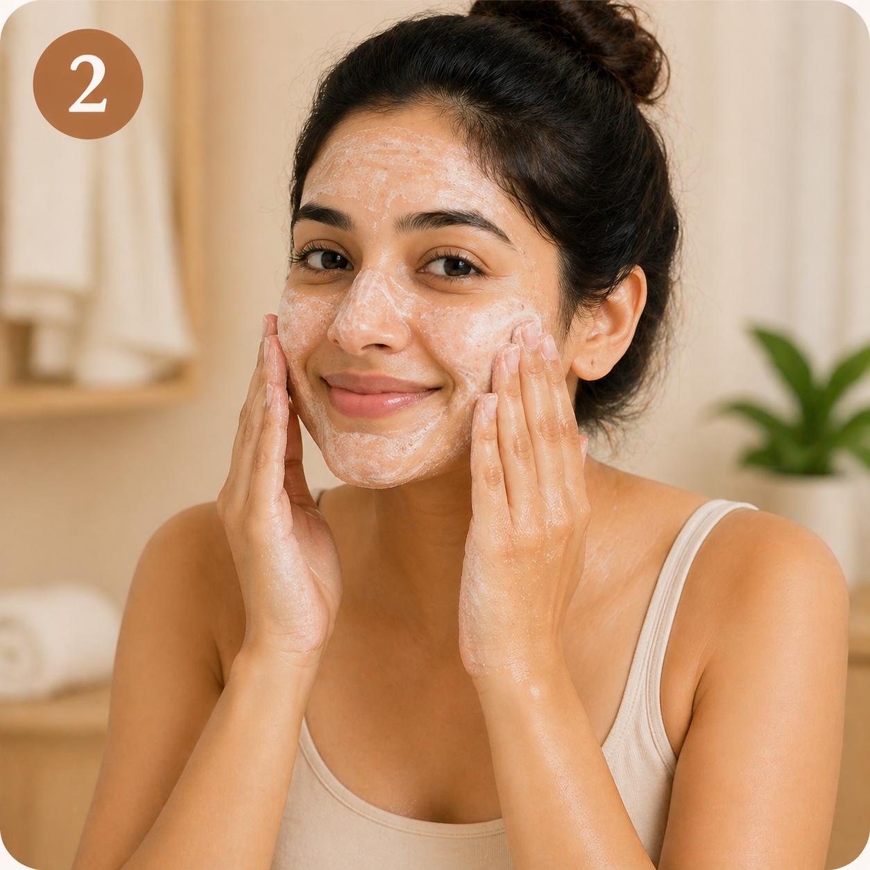 Apply a small amount and gently scrub in circular motion.