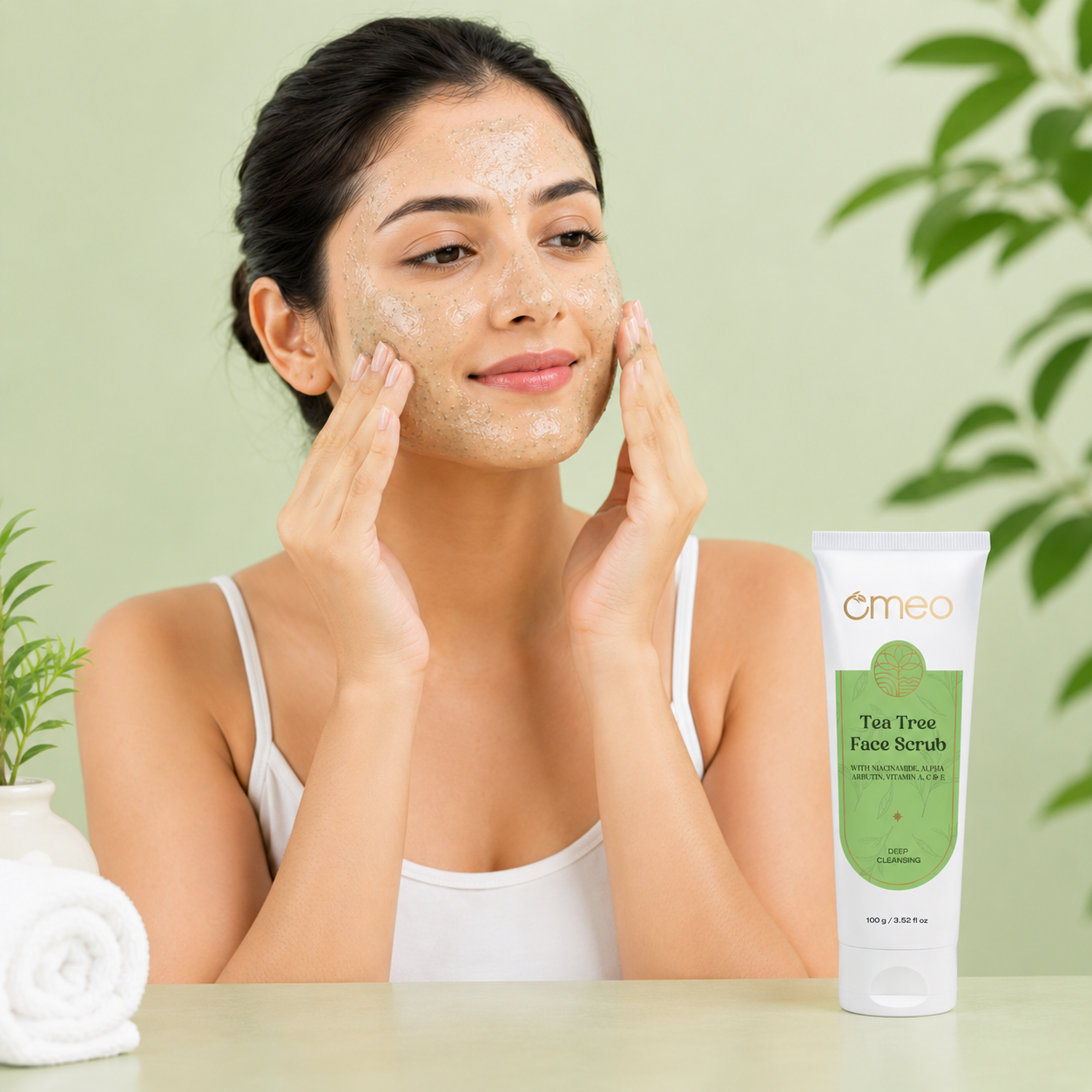 Apply the Tea Tree Face Scrub and massage in circular motions.