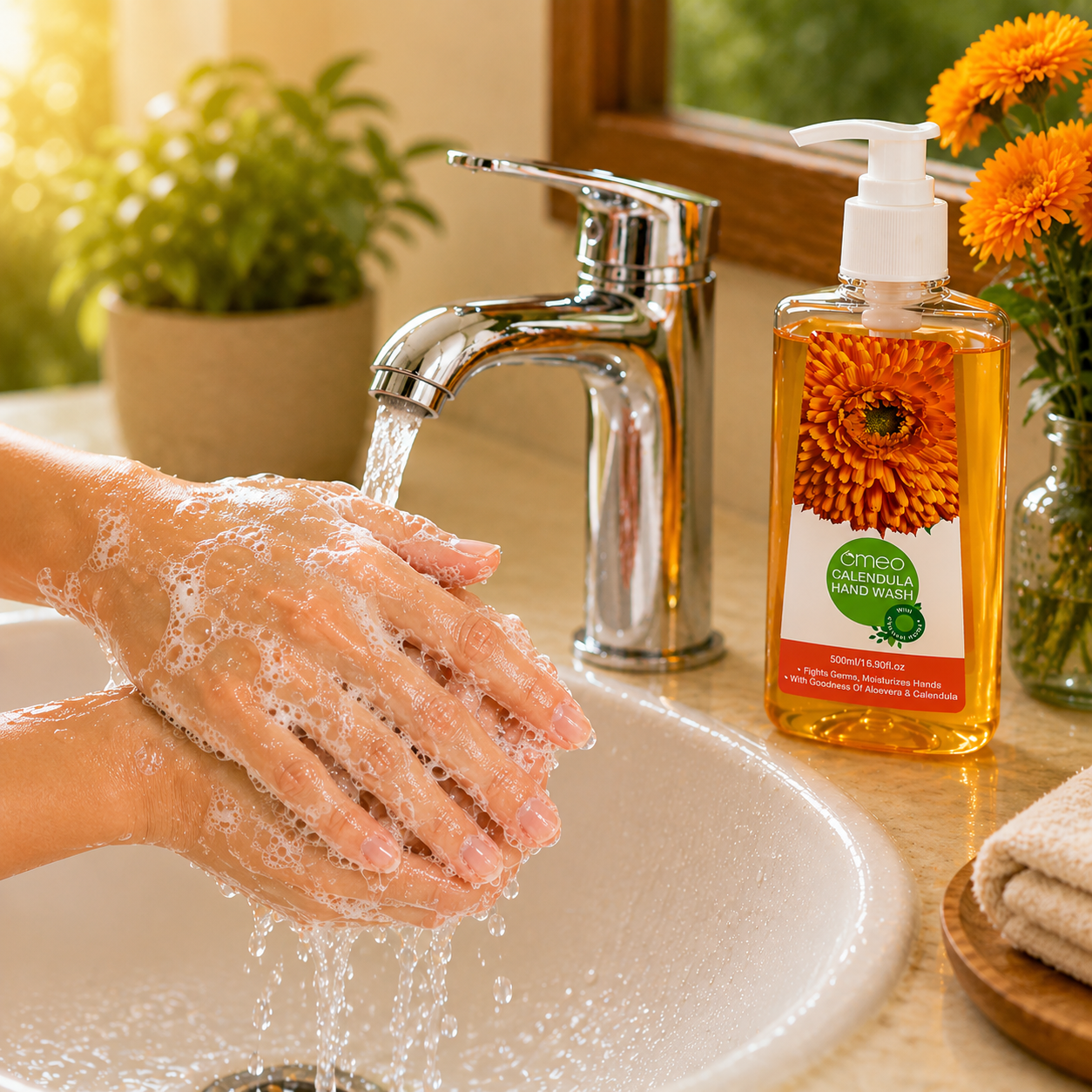 Rub hands thoroughly (front, back, between fingers), then rinse and dry.
